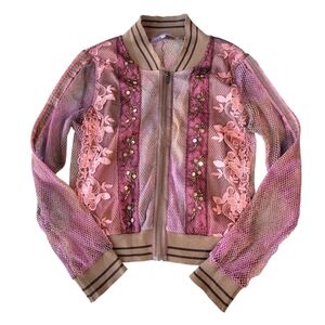 Hale Bob Mesh Floral Embroidered Lace Sequin Bomber Style Jacket Y2K Medium